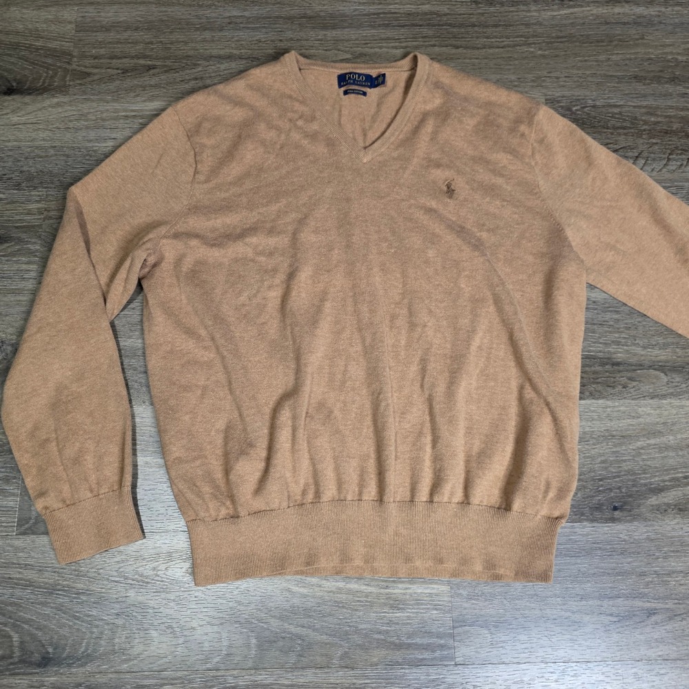 Polo Ralph Lauren Mens XL V-Neck Sweater Tan Pima Cotton Pony Logo Classic